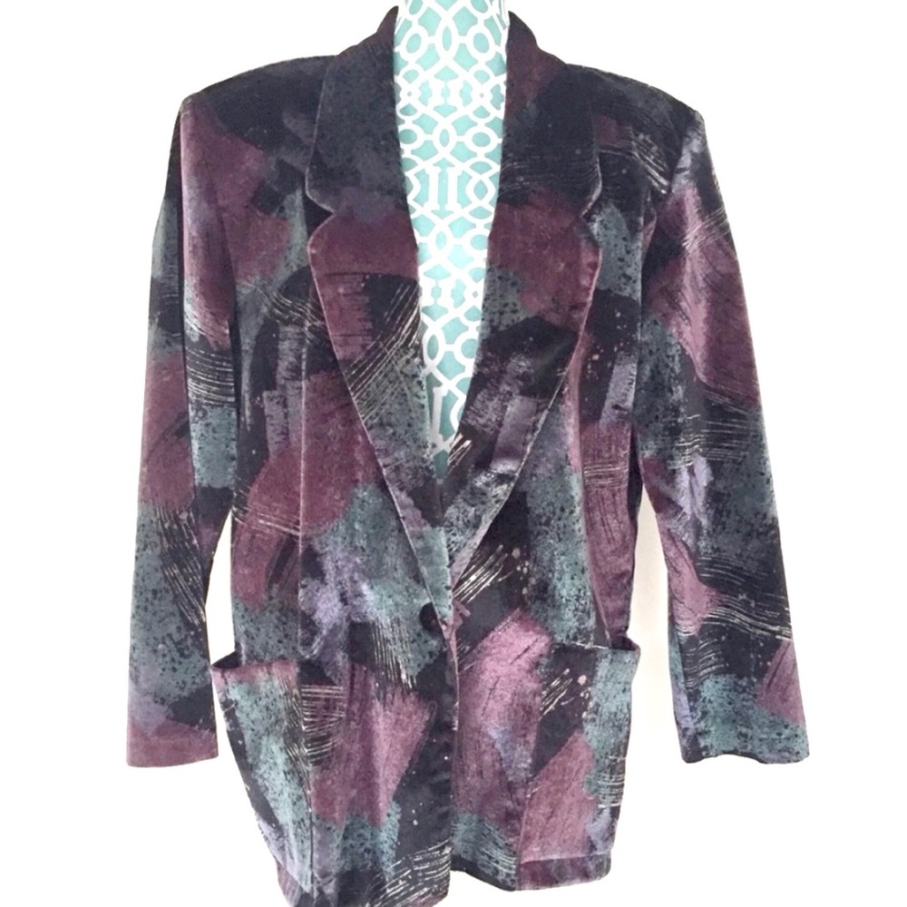Women's Plush Abstract Velvet Blazer in Plum and Teal